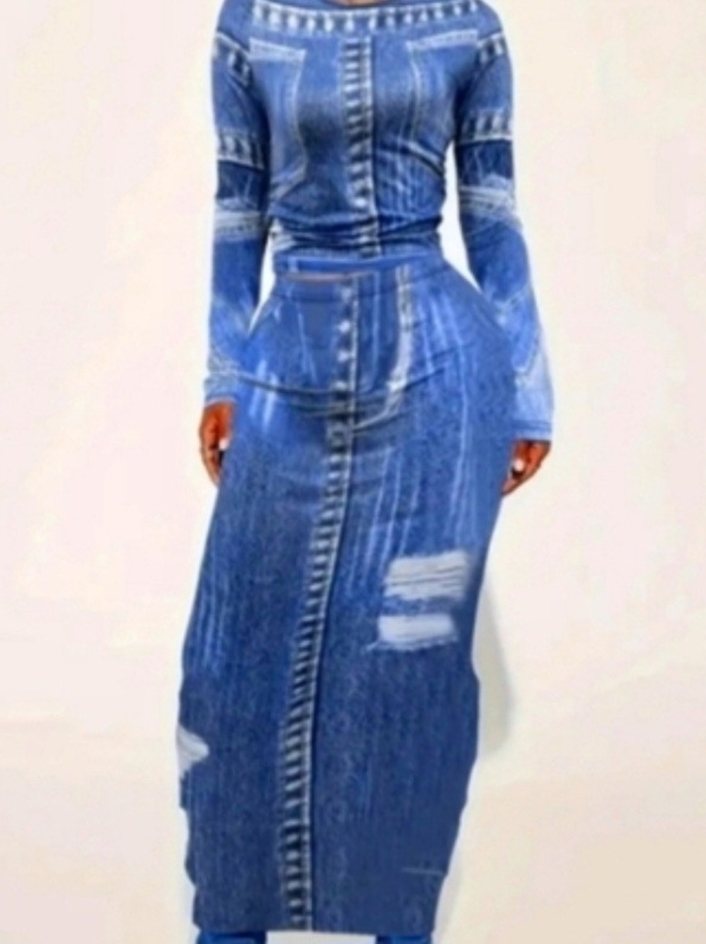 Denim-Print Two-Piece Maxi Skirt Set - Blue